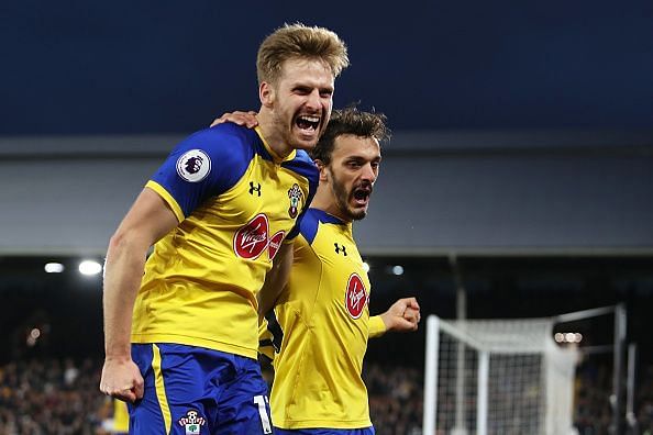 Stuart Armstrong and Cédric Soares celebrated together against Fulham FC
